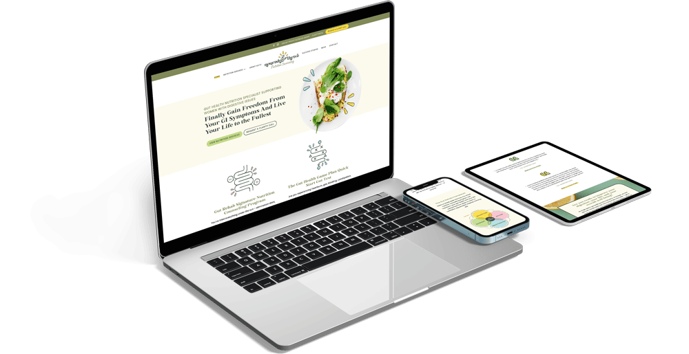 Website of dietitian, Nourish Thrive Wellness shown on a laptop, iphone and ipad, Professional Website Designer