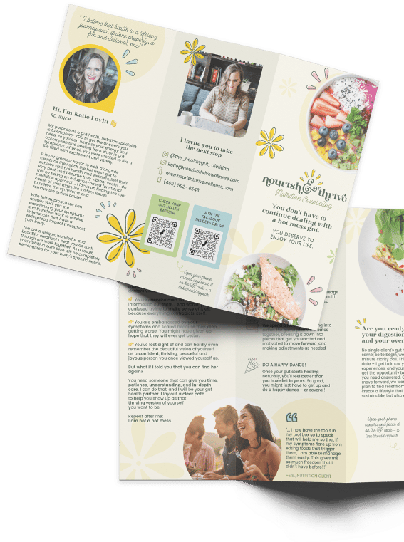 Beautifully designed brochure for nutritionist, Katie Lovitt, showcasing her services and who she is