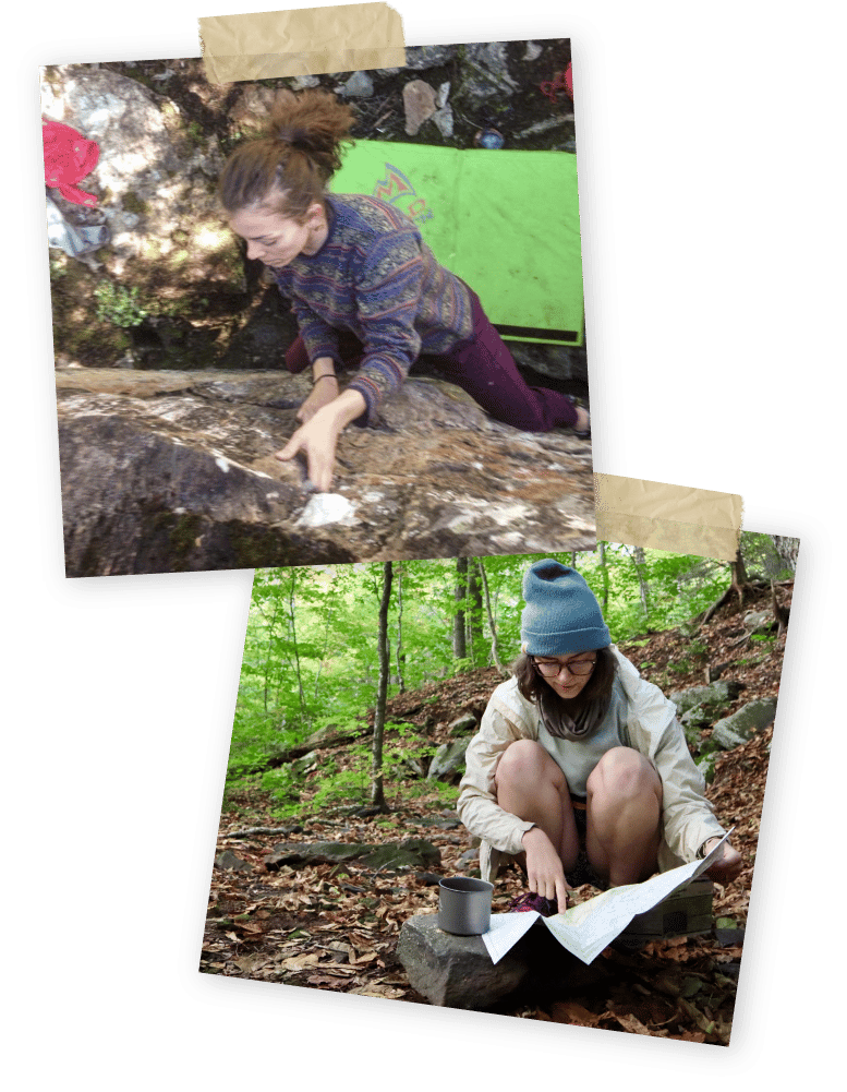 Two polaroids of Kelsey Van Horn climbing rocks outside and looking at a map while hiking