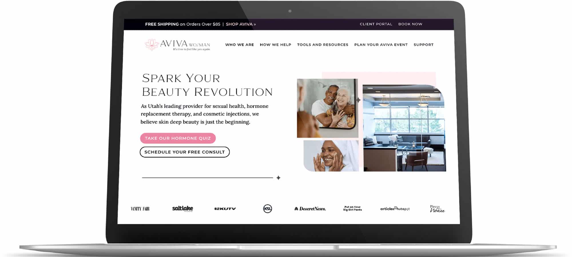 AVIVA Woman WordPress website design for health and wellness med spa shown on a front facing laptop