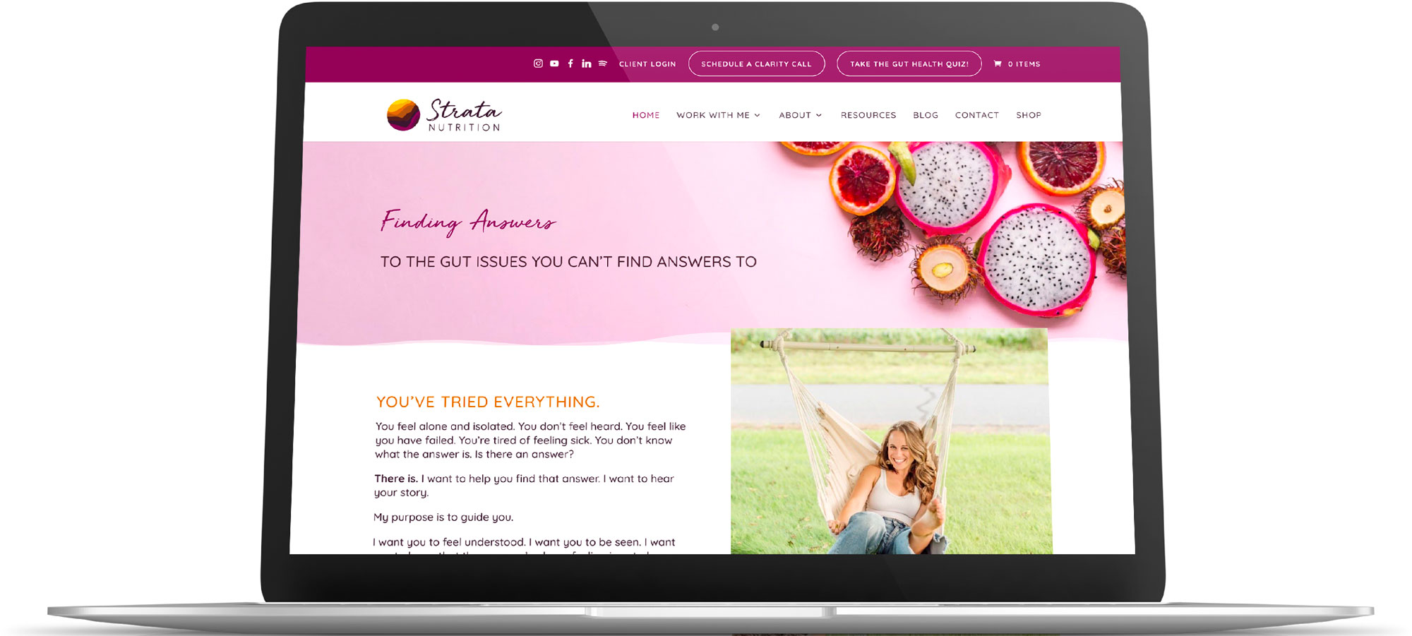 A screenshot of the Strata Nutrition home page shown on a macbook laptop screen, nutritionist website