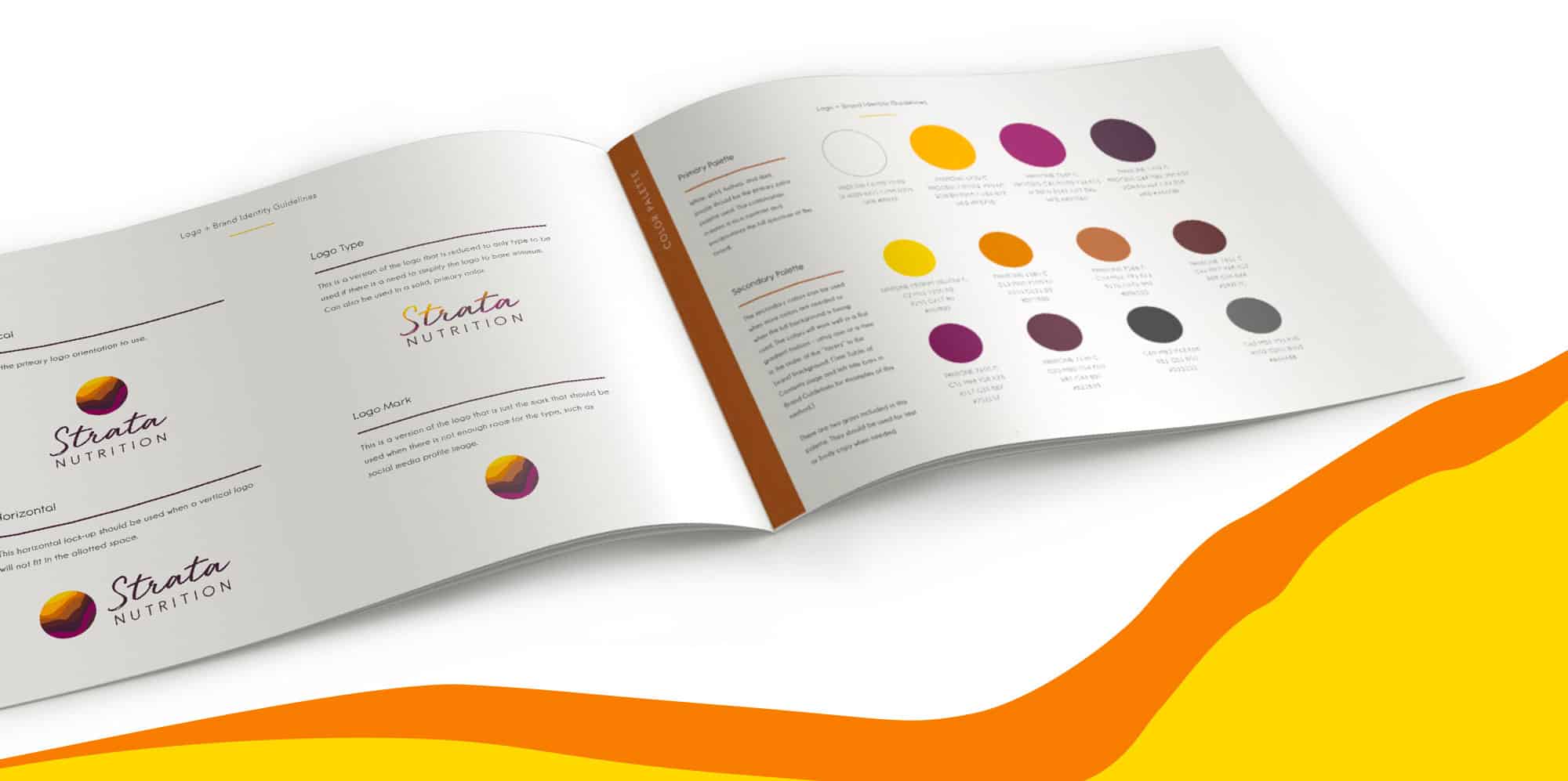 Opened brand guide booklet showing the various uses of the nutrition logo variations and the color chart for Strata Nutrition, Dietitian Branding