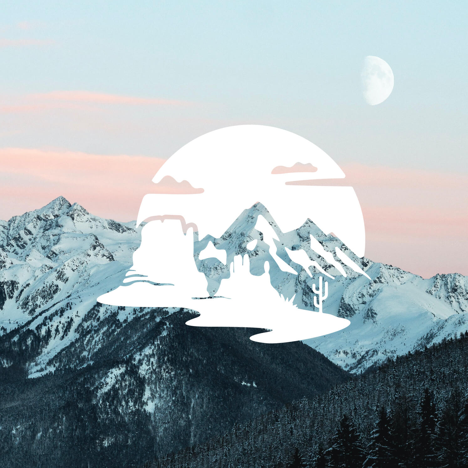 Ilana Fay Copy, copywriter for outdoors brand, graphic logo design of mountains and desert overlaid on photograph of sunrise over snow covered mountain tops