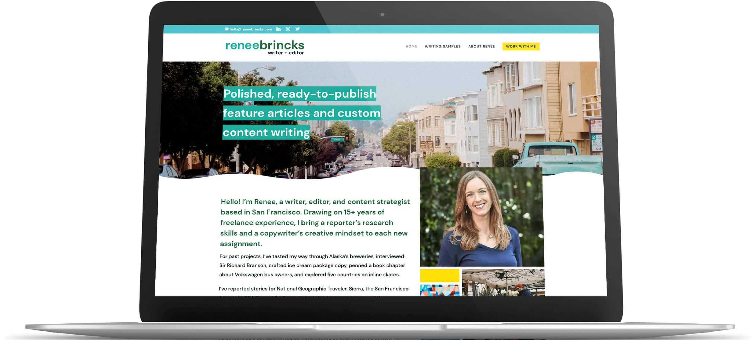 Laptop showing the home page website design of Renee Brincks copywriter